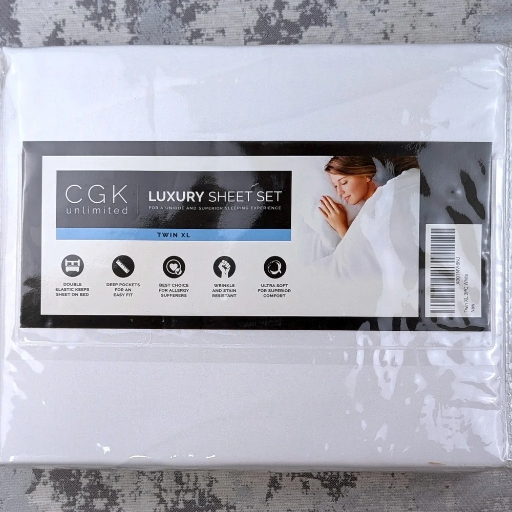 CGK Unlimited Luxury Sheet Set Twin XL 3PC White‎ Deep Pocket Wrinkle Resistant